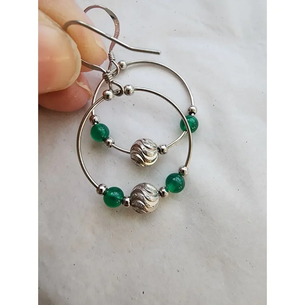 Solid 925 Sterling Silver Fine‎ Jewelry Round Hoop Earrings green Aventurine new